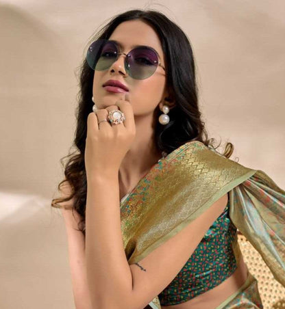 Olive Green with Teal - Soft Silk Party Wear