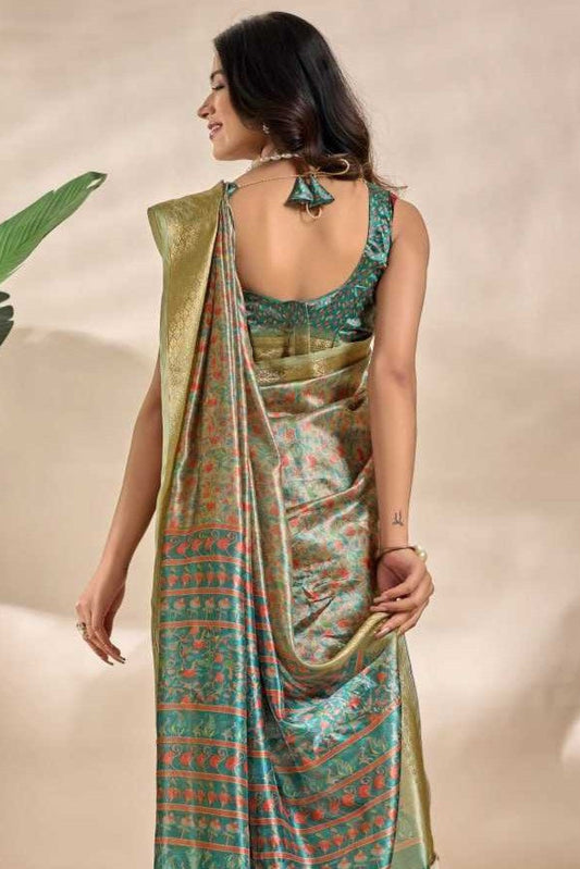 Olive Green with Teal - Soft Silk Party Wear