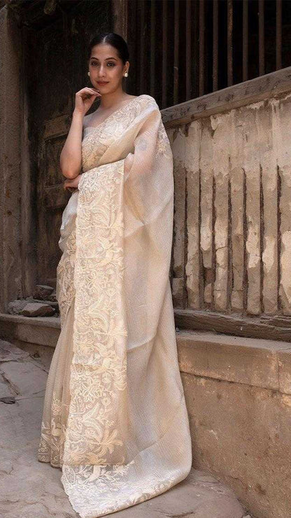 Cream Tissue Silk Saree
