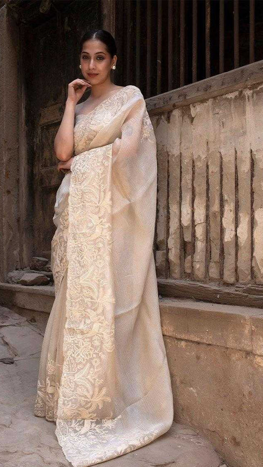 Cream Tissue Silk Saree