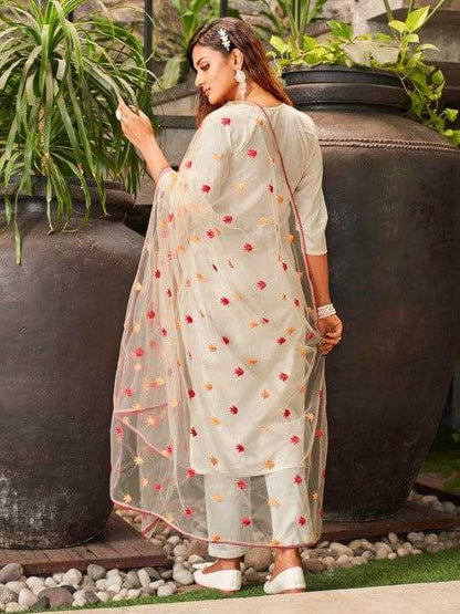 Viscose Chanderi Floral Biege Suit