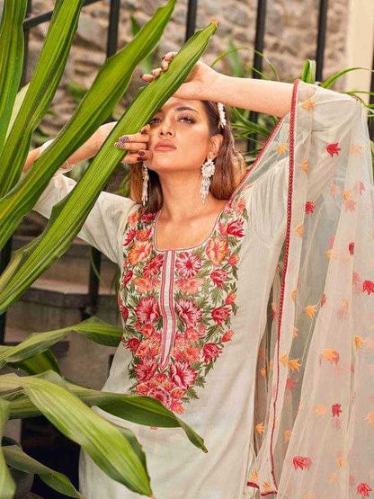 Viscose Chanderi Floral Biege Suit