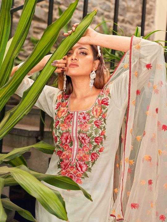 Viscose Chanderi Floral Biege Suit