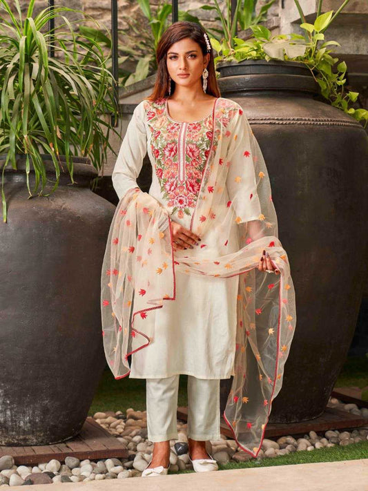 Viscose Chanderi Floral Biege Suit