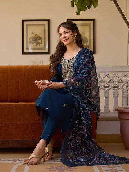 Navy Blue Viscose Chanderi Kurti set