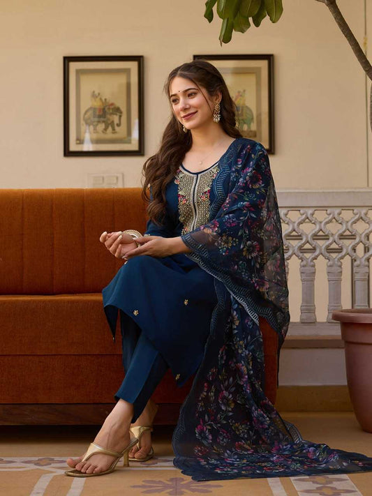 Navy Blue Viscose Chanderi Kurti set