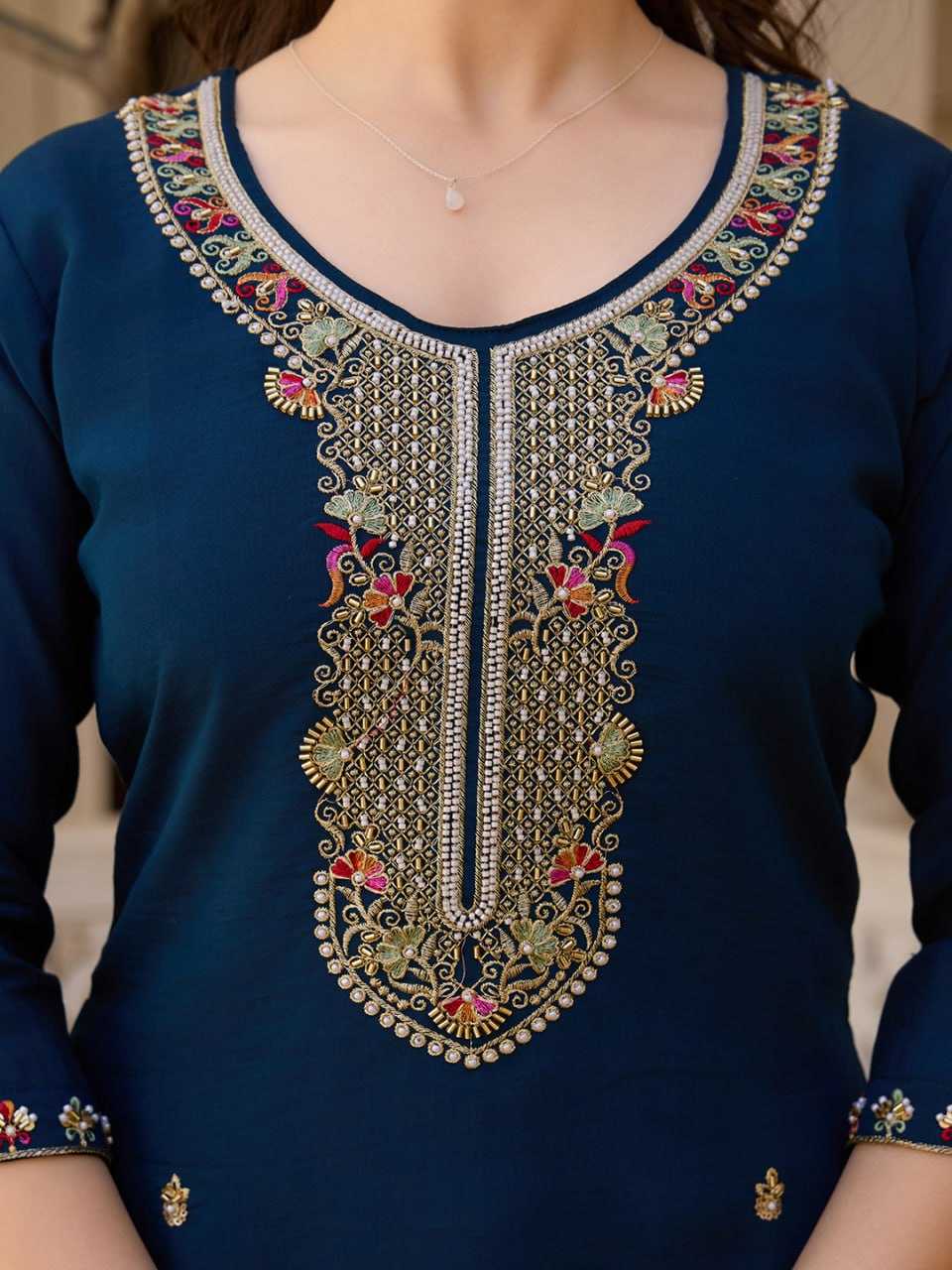Navy Blue Viscose Chanderi Kurti set