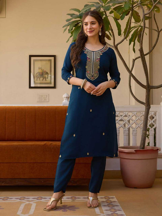 Navy Blue Viscose Chanderi Kurti set