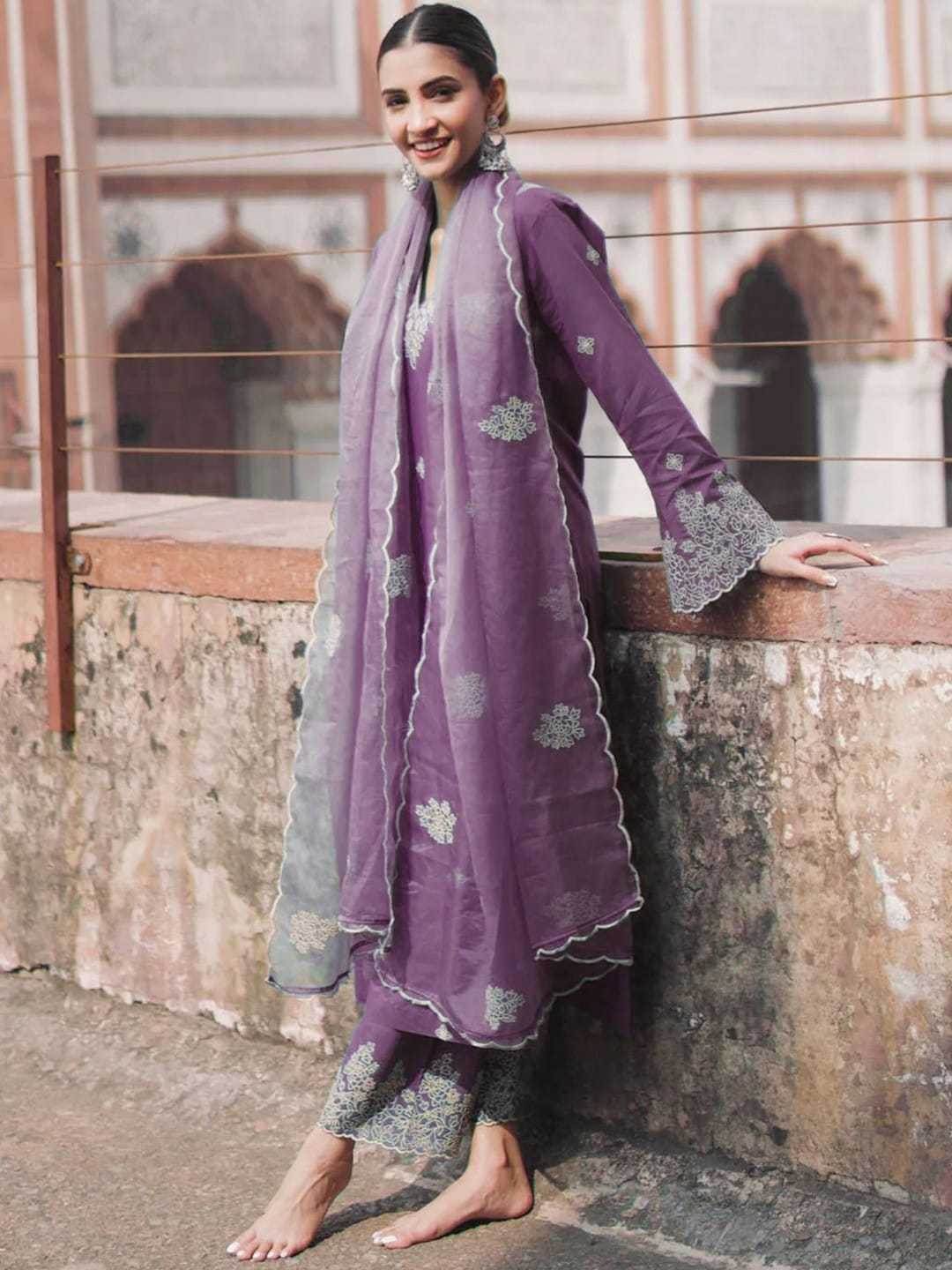 Lavender Viscose Chanderi Organza Kurtha Set