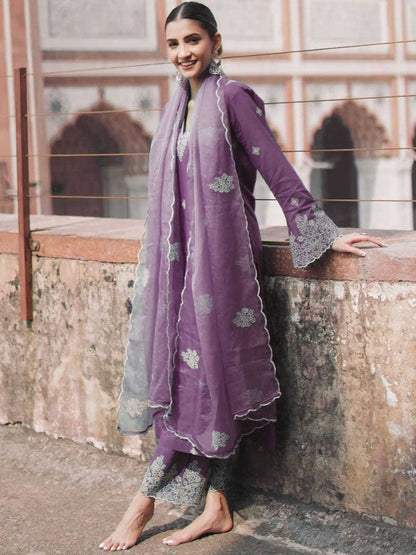 Lavender Viscose Chanderi Organza Kurtha Set