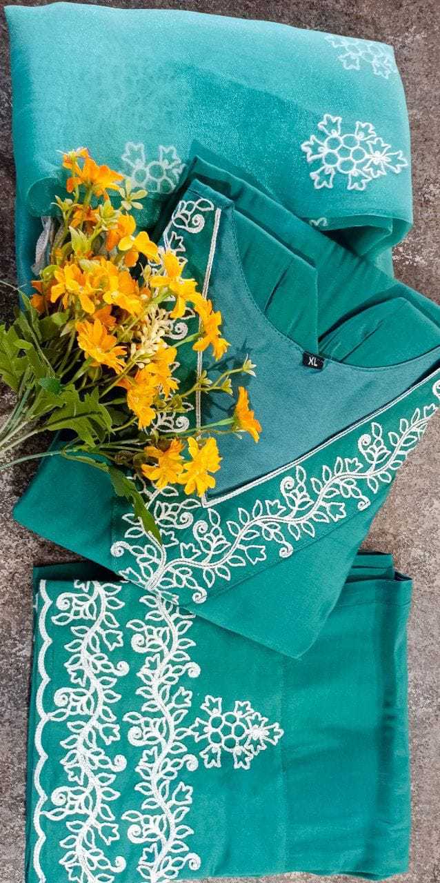 Teal Viscose Chanderi Organza Kurtha Set