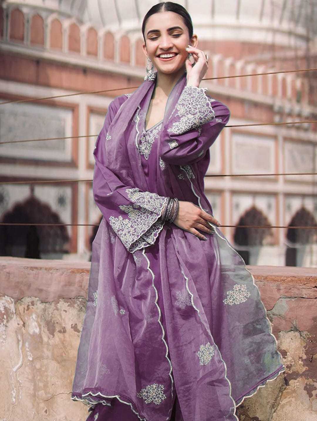 Lavender Viscose Chanderi Organza Kurtha Set