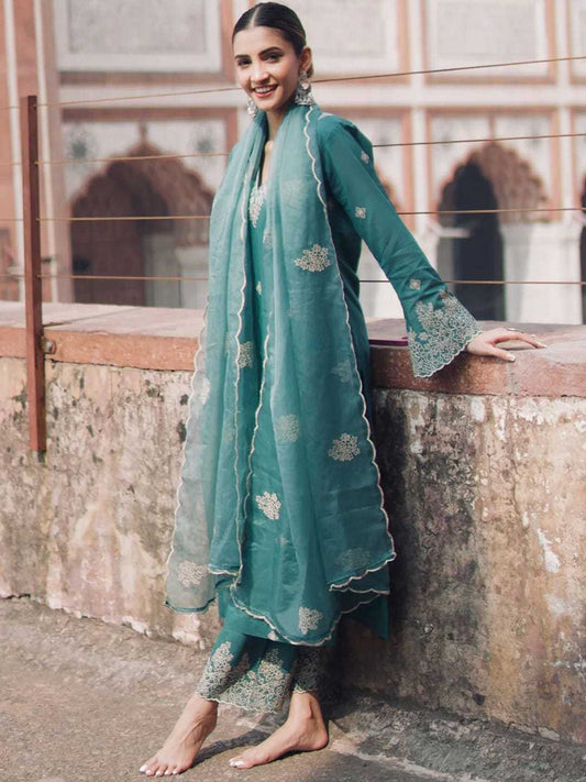 Teal Viscose Chanderi Organza Kurtha Set