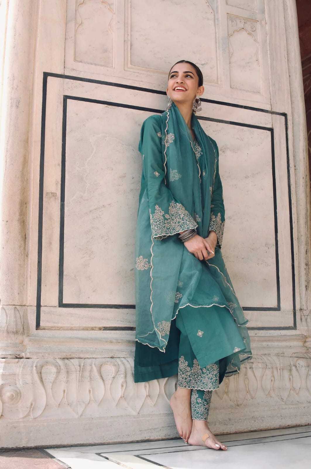 Teal Viscose Chanderi Organza Kurtha Set