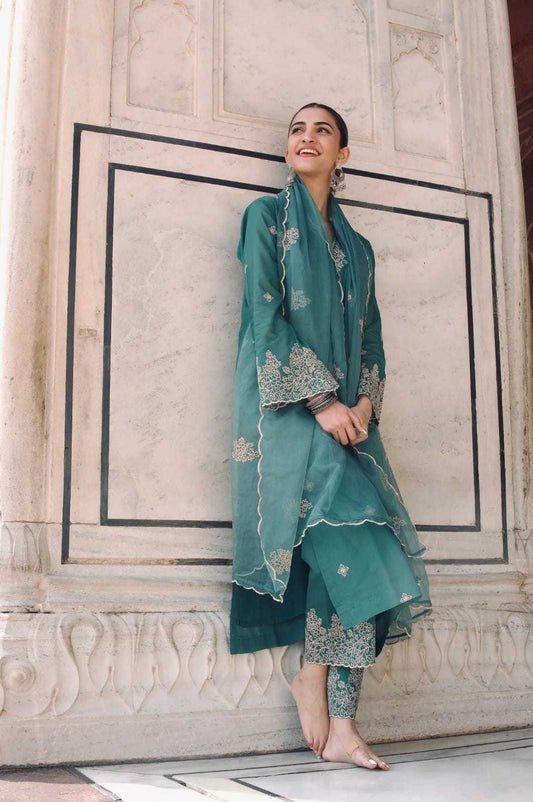 Teal Viscose Chanderi Organza Kurtha Set