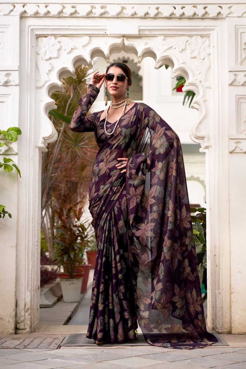 Floral Viscose Lurex Brasso Wine Saree