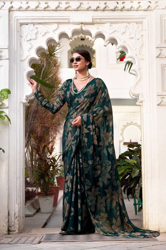 Floral Viscose Lurex Brasso Green Saree