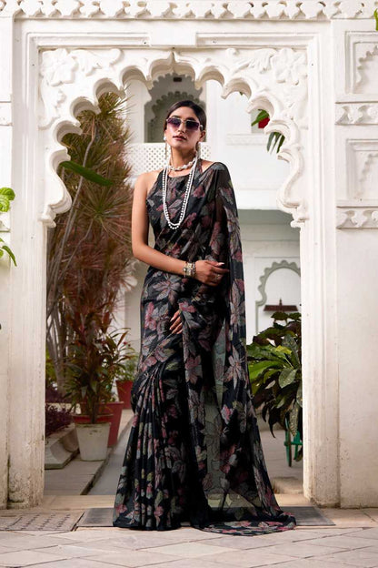 Floral Viscose Lurex Brasso Black Saree