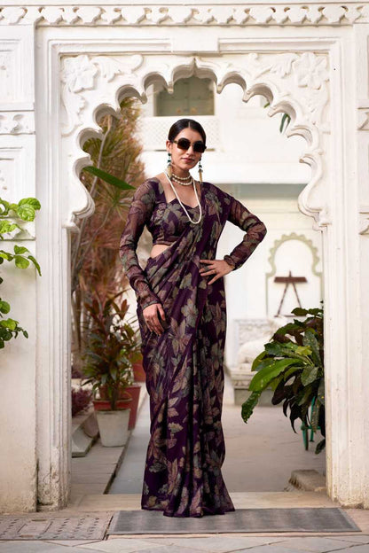 Floral Viscose Lurex Brasso Wine Saree