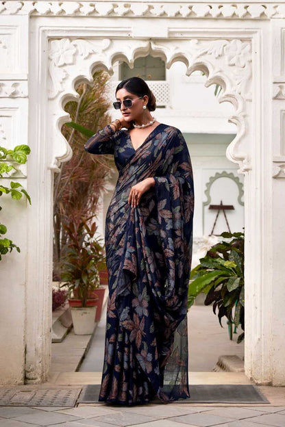 Floral Viscose Lurex Brasso Navy Blue Saree