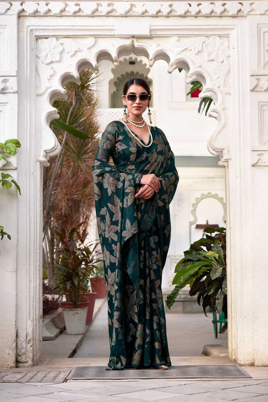 Floral Viscose Lurex Brasso Green Saree