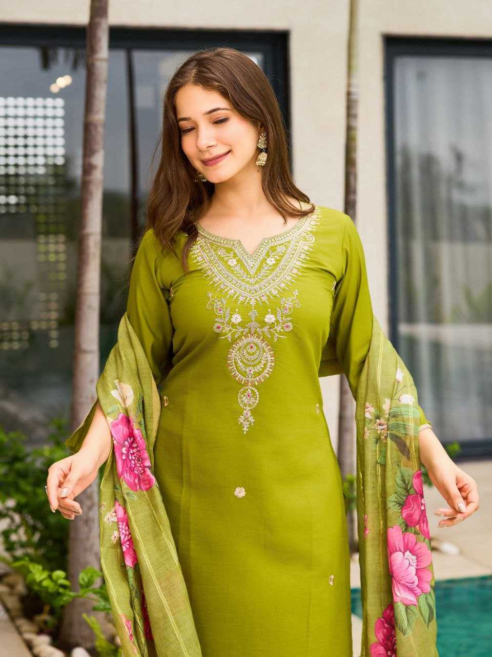 Pure Viscose Rayon With Embroidery Work Mehandi Color