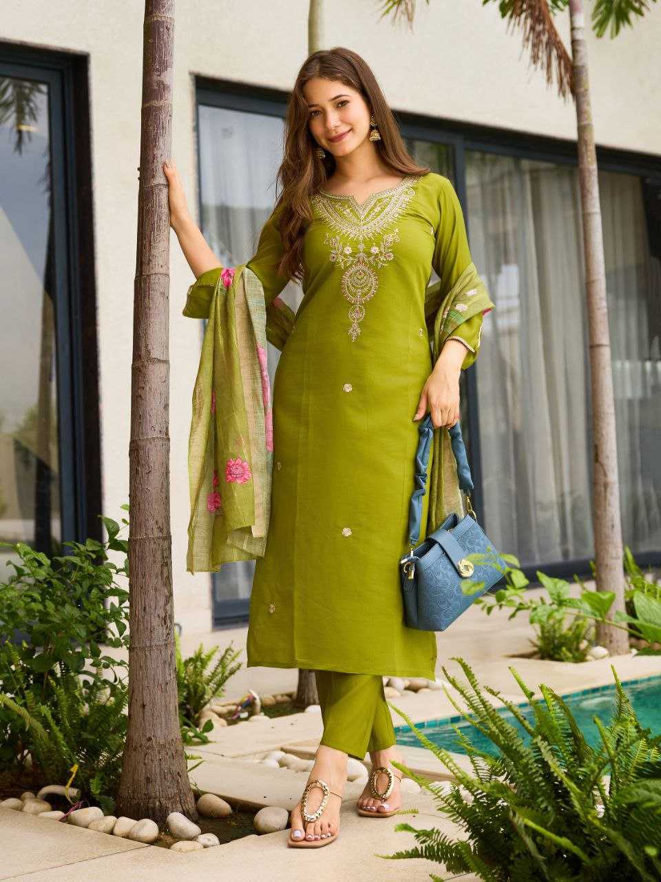 Pure Viscose Rayon With Embroidery Work Mehandi Color