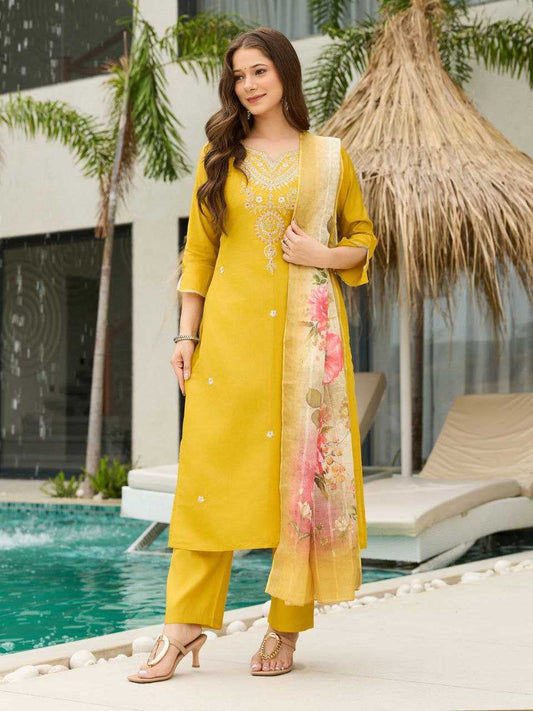 Pure Viscose Rayon With Embroidery Work Yellow Color
