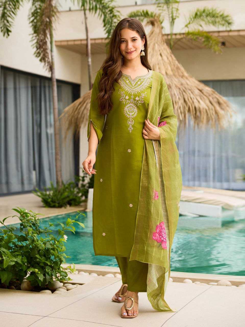 Pure Viscose Rayon With Embroidery Work Mehandi Color