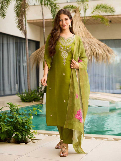 Pure Viscose Rayon With Embroidery Work Mehandi Color