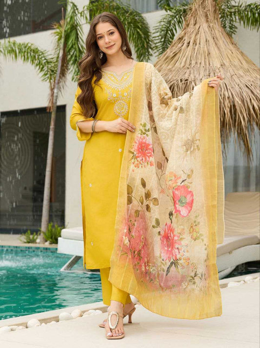 Pure Viscose Rayon With Embroidery Work Yellow Color